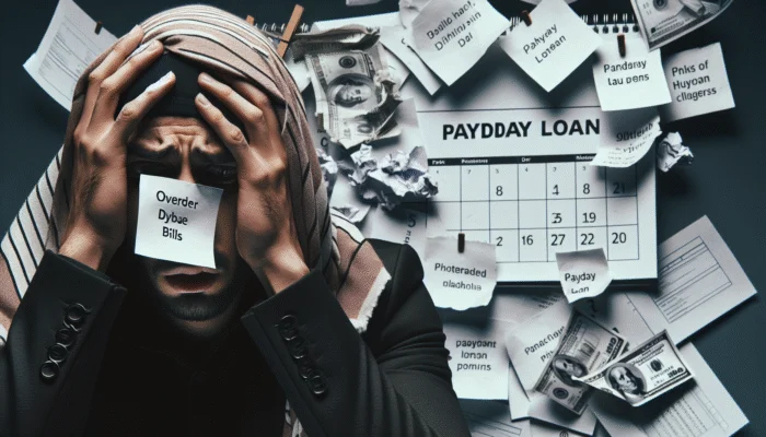 A distressed person amidst overdue bills and a calendar marked with payday loan due dates, illustrating the struggle of managing defaults.