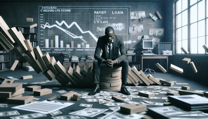 Distressed person in cluttered office with financial documents and graph showing credit score drop from 700 to 500 due to payday loan default.