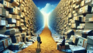 A man with a briefcase stands on a golden path between towering walls of cash—symbolic of the stressful effects of payday loans. To his right, a woman in business attire sits atop a pile of money under Texas’s glowing sky.