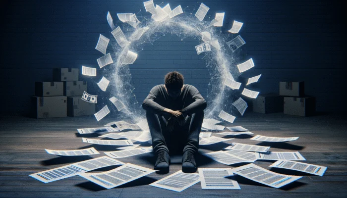 Person overwhelmed by financial stress and payday loan documents, showing anxiety and despair in a dimly lit room.