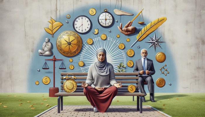 A person practicing mindfulness in a park with financial planning tools, counselor, and community resource signs.