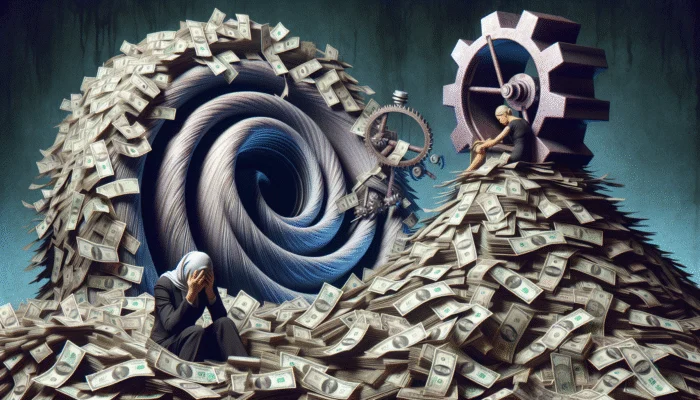 A distressed person amidst towering money stacks, with over 400% APR rates, illustrating Texas payday loan debt spiral.