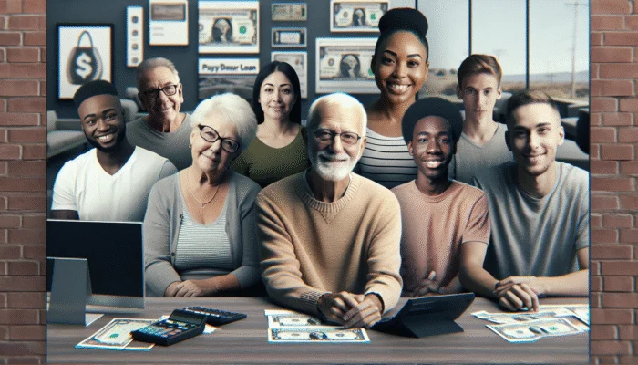 Diverse Texas age groups at a payday loan office, showing varied financial needs and borrowing behaviors.