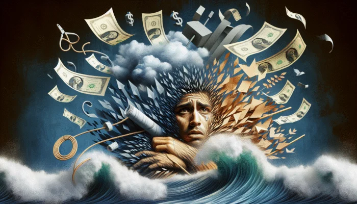 A man surrounded by swirling waves and jagged shapes holds a rolled paper; above his head, clouds and objects like scissors, dollar bills, and symbols evoke the chaos of payday loan rollovers, hinting at the need for expert tips or strategy.
