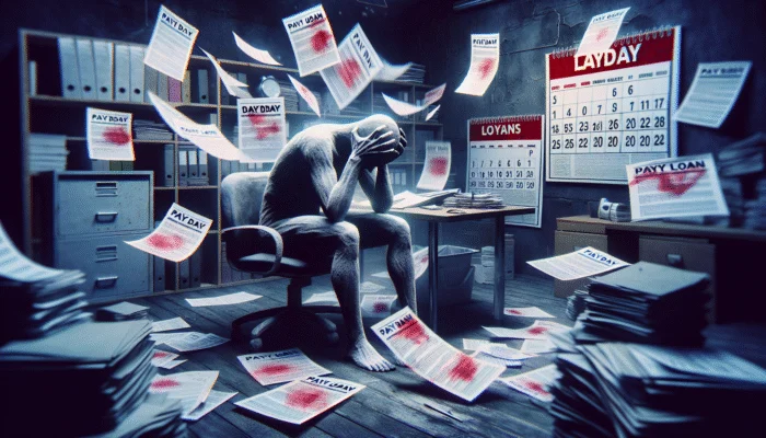 Person overwhelmed by financial stress with payday loan documents and calendars in a cluttered office.