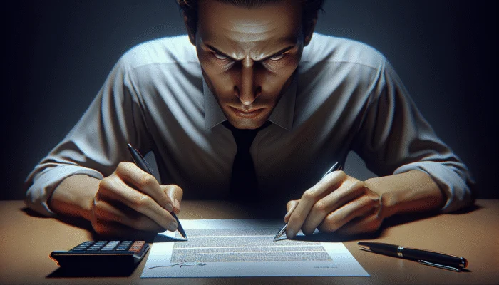 Person reading loan agreement, highlighting interest rates and fees, using calculator and pen.