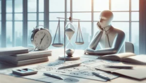 A figure sits at a desk with an hourglass, scales, clock, and paperwork—a nod to Texas lending laws. The desk is covered with documents, pens, and folders. Large windows in the background let in natural light.