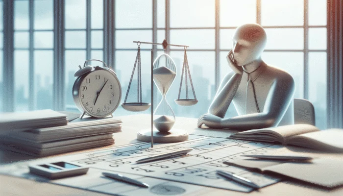 A figure sits at a desk with an hourglass, scales, clock, and paperwork—a nod to Texas lending laws. The desk is covered with documents, pens, and folders. Large windows in the background let in natural light.