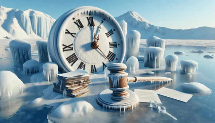 A frosty landscape with a clock, legal documents, and a gavel, symbolizing cooling-off periods in contracts.