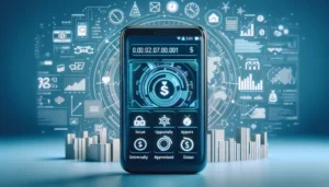 A smartphone displaying a digital interface with financial icons is shown in the foreground, highlighting smart technology. In the background, futuristic graphs, data symbols, and technology icons float against a blue gradient backdrop.