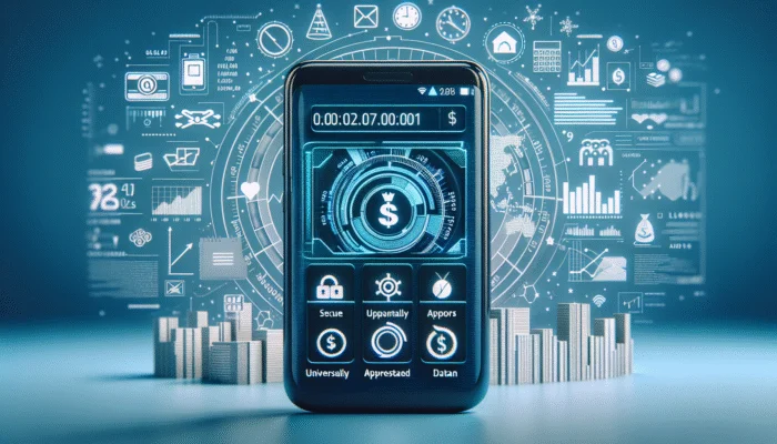 A smartphone displaying a digital interface with financial icons is shown in the foreground, highlighting smart technology. In the background, futuristic graphs, data symbols, and technology icons float against a blue gradient backdrop.