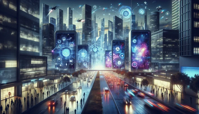 Futuristic cityscape with payday loan billboards, smart tech like holograms and drones, twilight sky.