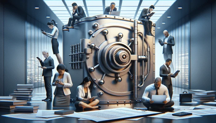 A digital lock on a vault, legal documents, and diverse people using devices in a modern office.