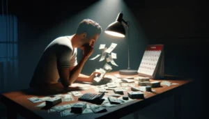 A man sits at a desk covered with cash, a calculator, and a calendar—an essential guide to managing payday loan expenses. He appears deep in thought, holding money under the lamp’s glow in an otherwise dark room.