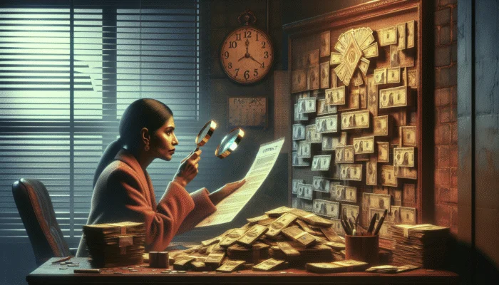 A person scrutinizing a contract with a magnifying glass amidst money stacks and a calendar in a dim office.