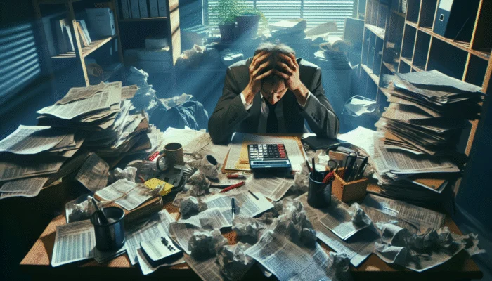 Person overwhelmed by paperwork at a cluttered desk, calculating high interest rates and short repayment terms of a payday loan.