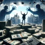A person stands with arms raised on piles of cash in a vault-like room, while large shadowy hands reach from barred windows. Signboards reading “COVID-19,” “UNEMPLOYMENT,” and “payday loan pain points” are visible among stacks of money.