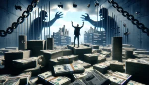 A person stands with arms raised on piles of cash in a vault-like room, while large shadowy hands reach from barred windows. Signboards reading “COVID-19,” “UNEMPLOYMENT,” and “payday loan pain points” are visible among stacks of money.