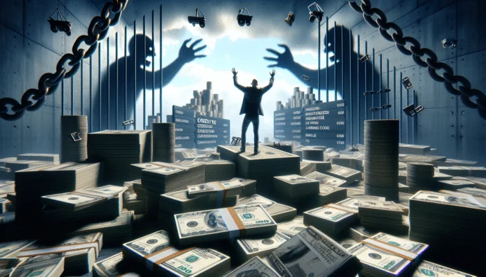 A person stands with arms raised on piles of cash in a vault-like room, while large shadowy hands reach from barred windows. Signboards reading “COVID-19,” “UNEMPLOYMENT,” and “payday loan pain points” are visible among stacks of money.