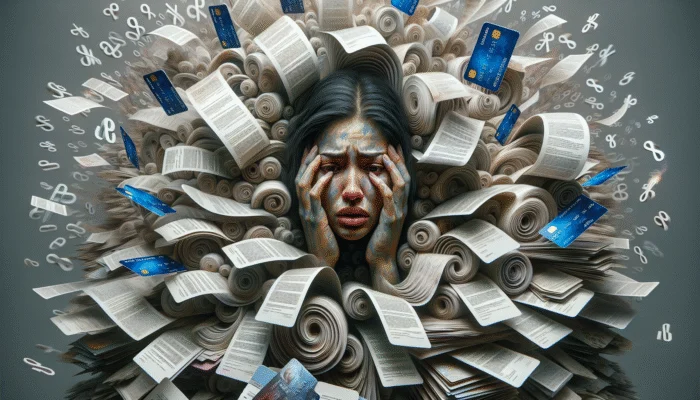 A person overwhelmed by bills, credit cards, and swirling numbers, illustrating high interest rates and fees.