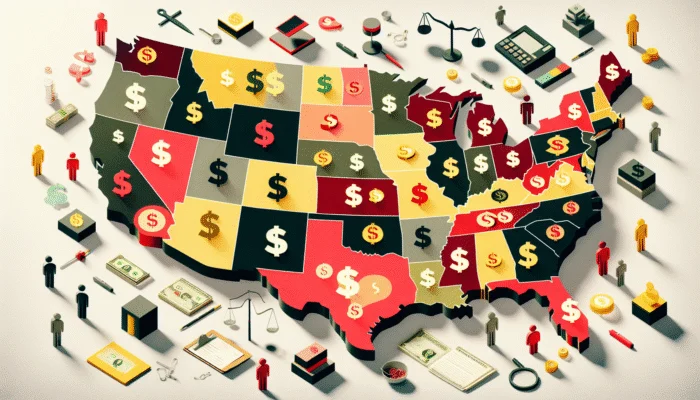 U.S. map showing payday loan regulation intensity with money and legal scale icons.