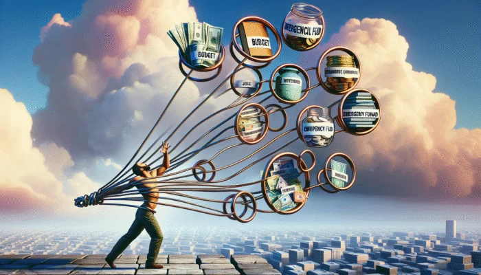 A person breaking debt cycle with budget tools, education, and empowerment symbols.