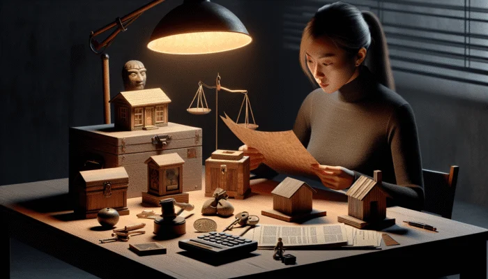 Person reviewing payday loan requirements checklist with calculator and documents on desk under focused lamp in dim room.