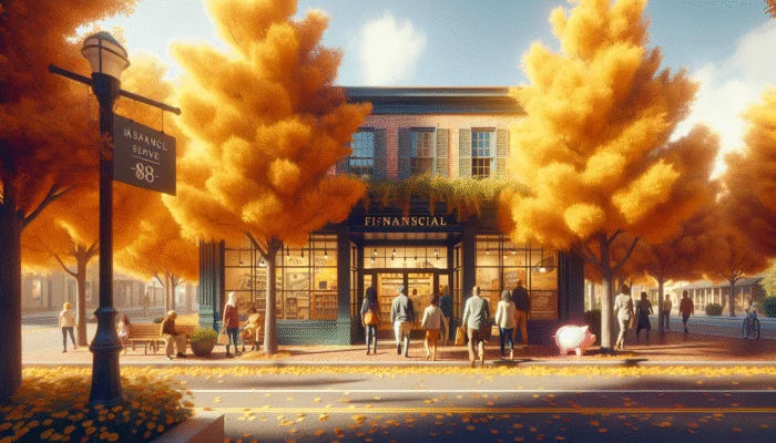 A Texas autumn scene with golden leaves and a payday loan storefront under a clear blue sky.