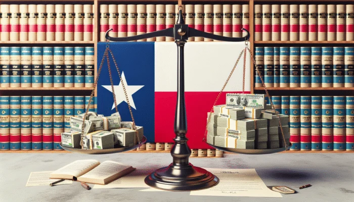 A balanced scale with Texas flag, $1,500 cash versus contract with interest rates and fees, legal books background.