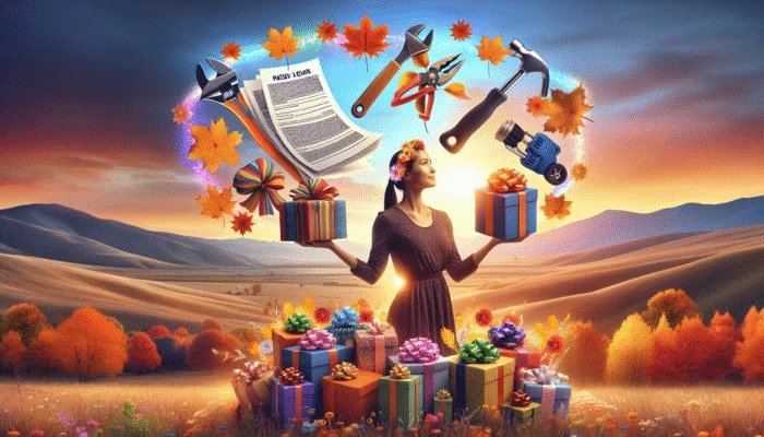 A person juggling autumn leaves, gifts, and tools with a glowing payday loan contract in a vibrant Texas landscape.
