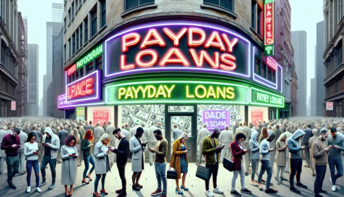 Urban street scene with people checking finances on smartphones, Payday Loan shop in background.