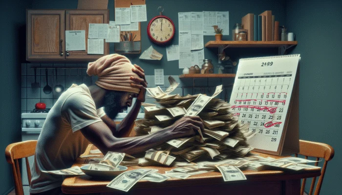 Person anxiously counting money at kitchen table, surrounded by bills and calendar marking payday, illustrating payday loan stress.