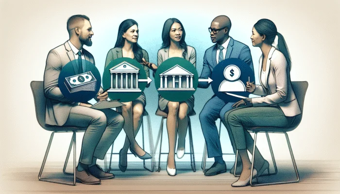A diverse group exploring financial options at a bank, credit union, and community center as alternatives to payday loans.