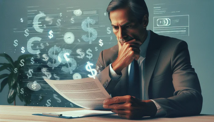 A concerned borrower reading a detailed payday loan disclosure document on a desk, focusing on APR, costs, and schedules.
