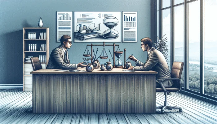 A person discussing loan terms with a lender, surrounded by financial documents and charts.