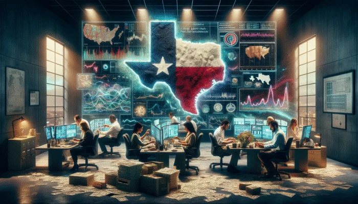 Texas office with data analytics screen, person at desk with payday loan documents and state map.