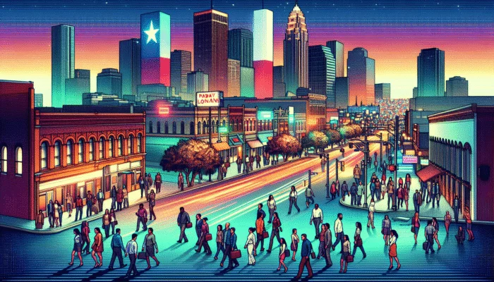 A vibrant Texas landscape with a payday loan sign, bustling streets, and diverse people.