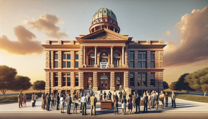 Texas courthouse sign declaring "Payday Loans Legal," people discussing loan terms with visible high interest rate documents.