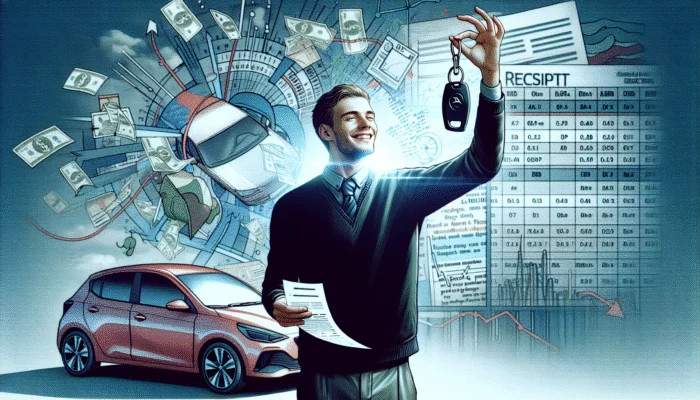 Person smiling with relief, holding car key next to repaired car, with payday loan receipt, work schedule, and financial charts in background.