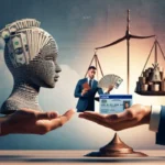 A digital artwork shows a hand holding a head-shaped sculpture made of woven materials with money sticking out, another hand offering a payday loan card, and a scale balancing coins and a man holding the card, symbolizing financial decisions without a bank account.