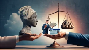 A digital artwork shows a hand holding a head-shaped sculpture made of woven materials with money sticking out, another hand offering a payday loan card, and a scale balancing coins and a man holding the card, symbolizing financial decisions without a bank account.