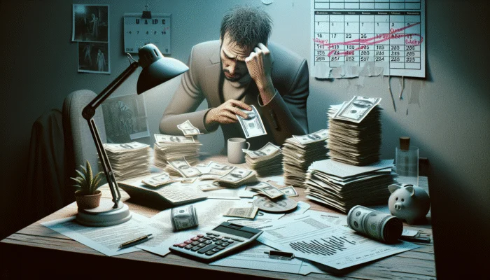 Person counting cash, worried, at cluttered desk with overdue bills and calendar marked 'Payday' under harsh light.