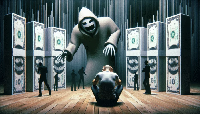Person in distress amidst high-interest loan agreements, with menacing payday lender symbolizing debt cycle.