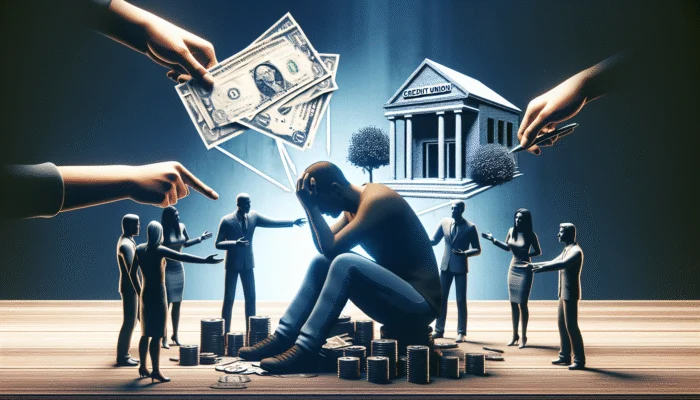 Person considering payday loan without bank account, surrounded by advisors suggesting alternatives like credit union and personal loans.