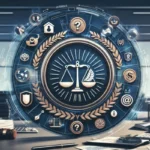 A digital illustration of legal and justice symbols, including a scale at the center and icons such as a gavel, courthouse, and law book, highlights new CFPB regulations for payday loans in 2025, overlaid on a modern office background.