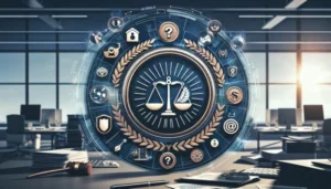 A digital illustration of legal and justice symbols, including a scale at the center and icons such as a gavel, courthouse, and law book, highlights new CFPB regulations for payday loans in 2025, overlaid on a modern office background.