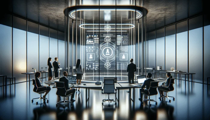 A modern office with a digital screen showing 2025 CFPB payday loan regulations, professionals reviewing.
