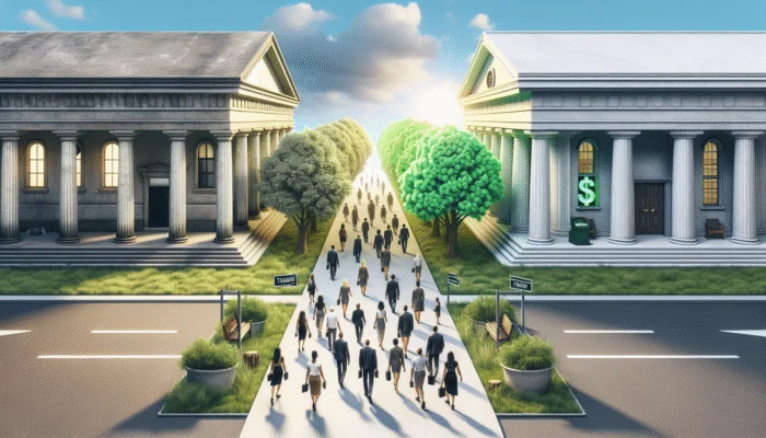 Modern financial landscape with closing payday loan outlets, emerging ethical lending startups, and consumers benefiting from 2025 CFPB regulations.