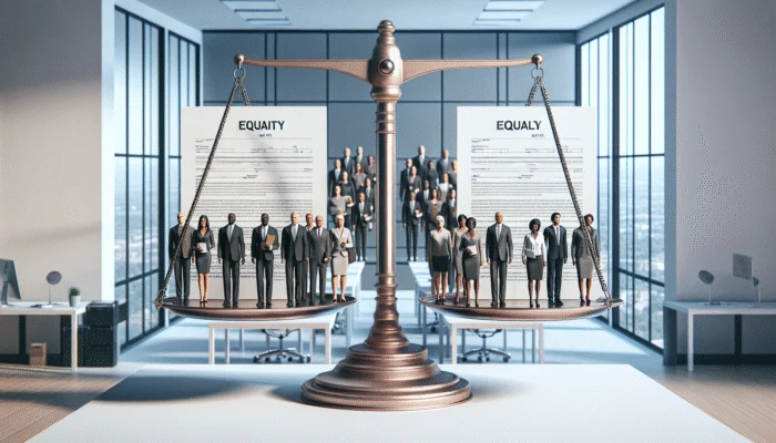 A balanced scale with "2025 Regulations" documents and diverse borrowers and lenders in an office setting.
