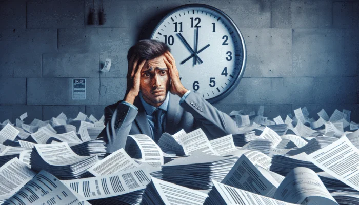 Distressed person with bills and legal documents, clock ticking, symbolizing financial pressure from missed payday loan payment.